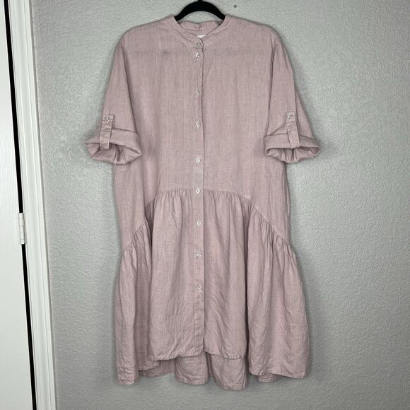 CROWN LINEN DESIGNS Size L SHIRT DRESS 100% Linen Made in Ukraine Mauve Pink - Picture 4 of 5
